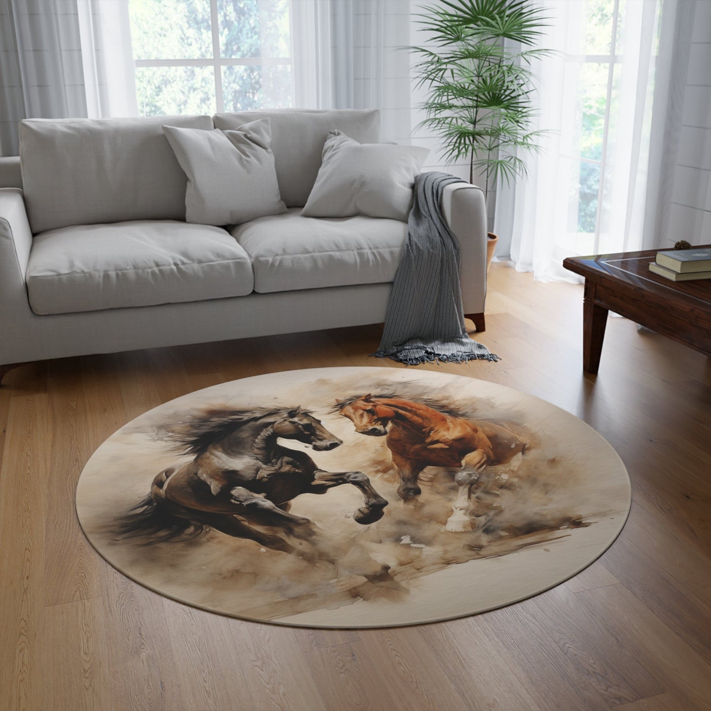 Round Stallions Horse Mustang Rug, 60" Round Carpet, Fighting Stallions - FlooredByArt