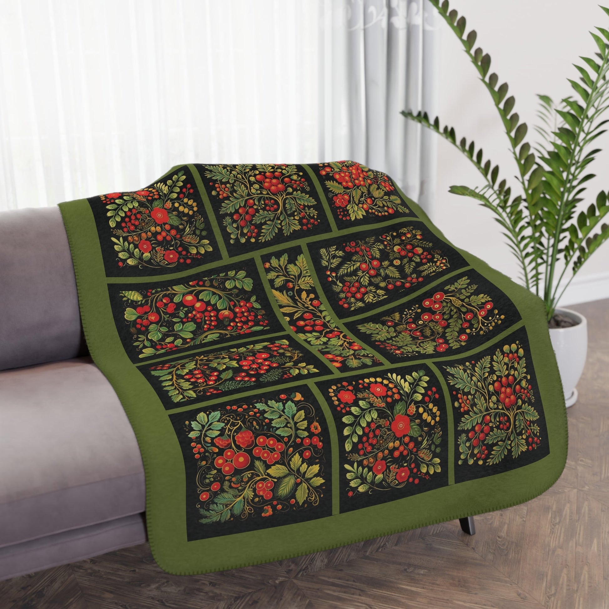 Russian Khokhloma "Styled" Folk Art Throw Blanket, Floral Art, Rowan Berries Garden Throw - FlooredByArt