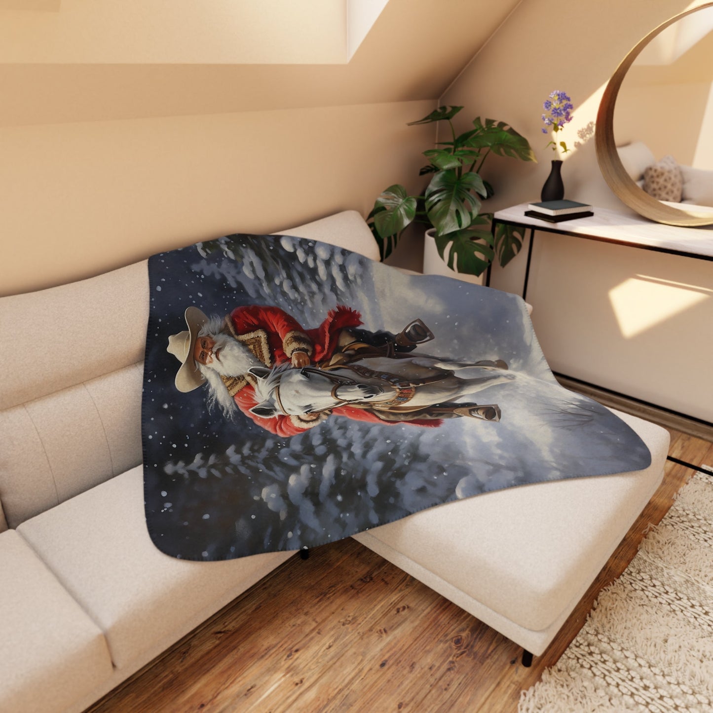 Santa Claus Cowboy with Horse Blanket Throw - A Timeless Holiday Keepsake for Horse Lovers - FlooredByArt