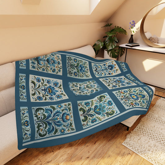 Scandi Blue Folk Art Blanket, Scandinavian Art Style - Original Design Blanket Throw - FlooredByArt
