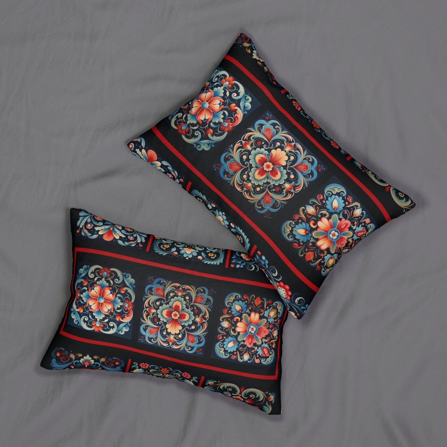 Scandi Folk Art Lumbar Pillows, Scandinavian Art in the Rosemaling Style - FlooredByArt