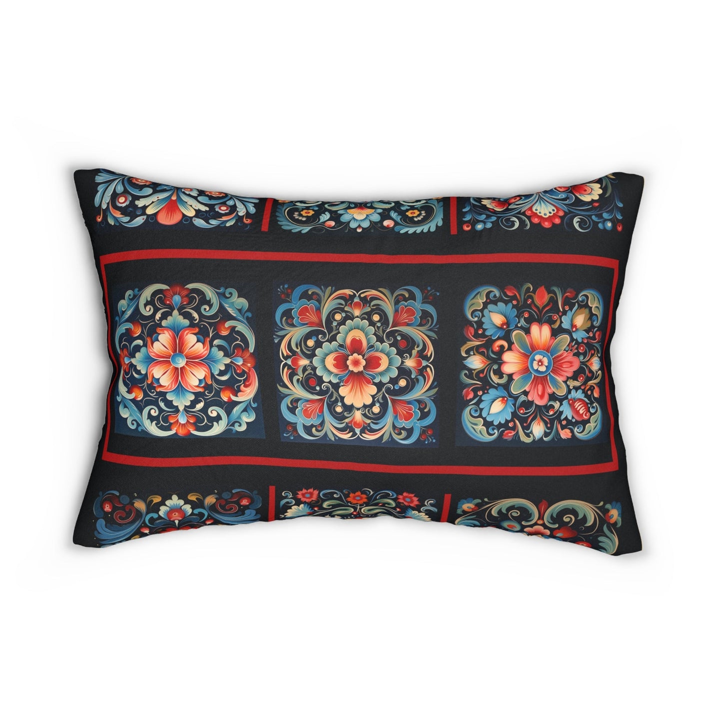 Scandi Folk Art Lumbar Pillows, Scandinavian Art in the Rosemaling Style - FlooredByArt