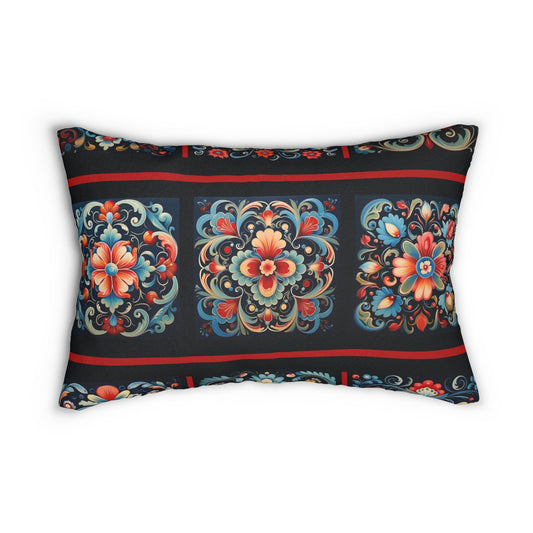 Scandi Folk Art Lumbar Pillows, Scandinavian Art in the Rosemaling Style - FlooredByArt