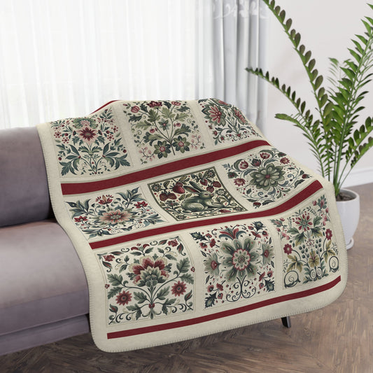Scandi Ivory Folk Art Blanket, Original Scandinavian Style Design, Ivory, Sage Green, Berry, Romantic Gift - FlooredByArt