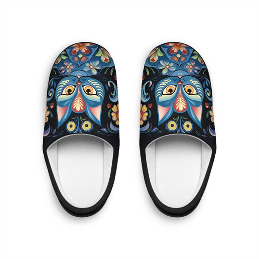 Scandi Style Cat Slippers, Scandinavian Folk Art Slippers, Blue Scandi Cat Lover Gift - FlooredByArt