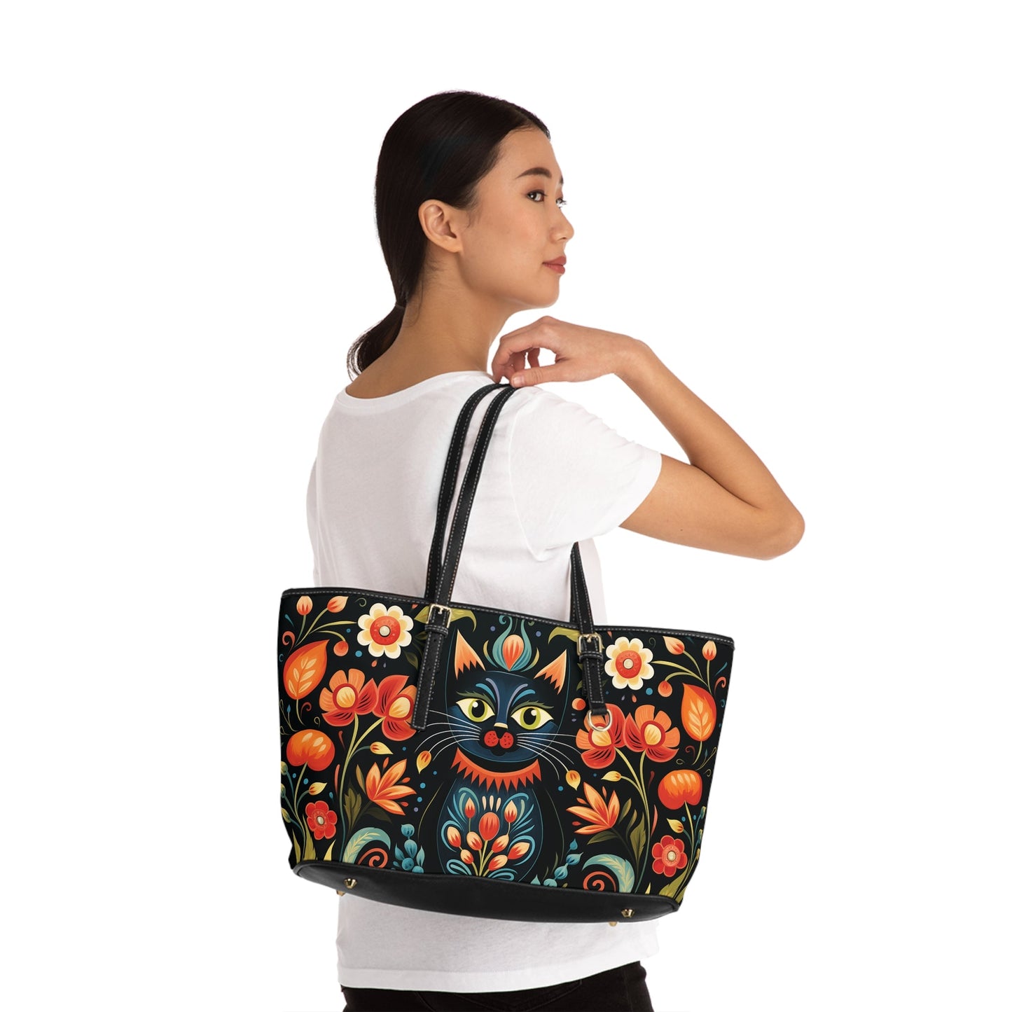 Scandi Style Folk Art PU Leather Purse, Shoulder Bag in Two Sizes, Extra Large Carry Purse - FlooredByArt