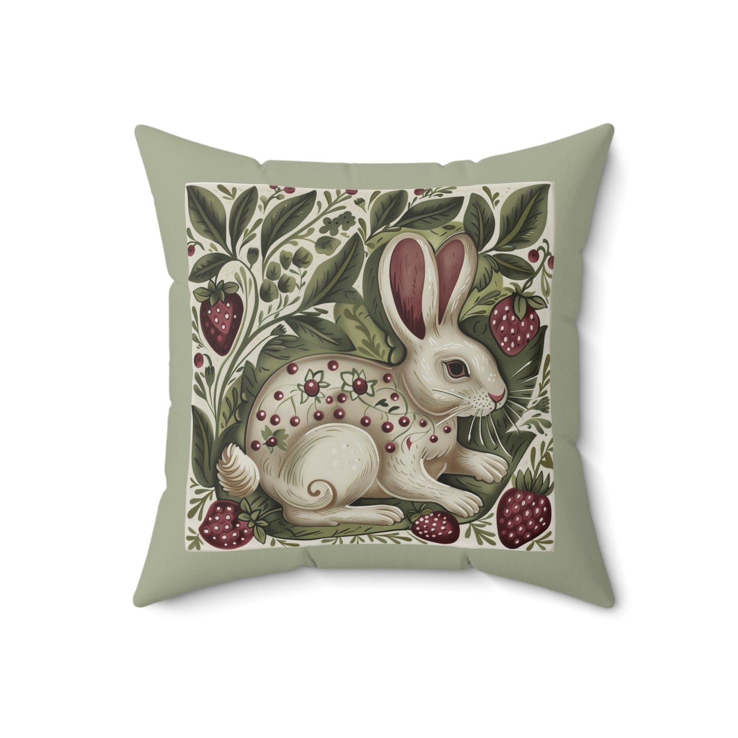 Scandi Style Rabbit and Berries Throw Pillow, Whimsical Folk Art, Scandinavian - FlooredByArt