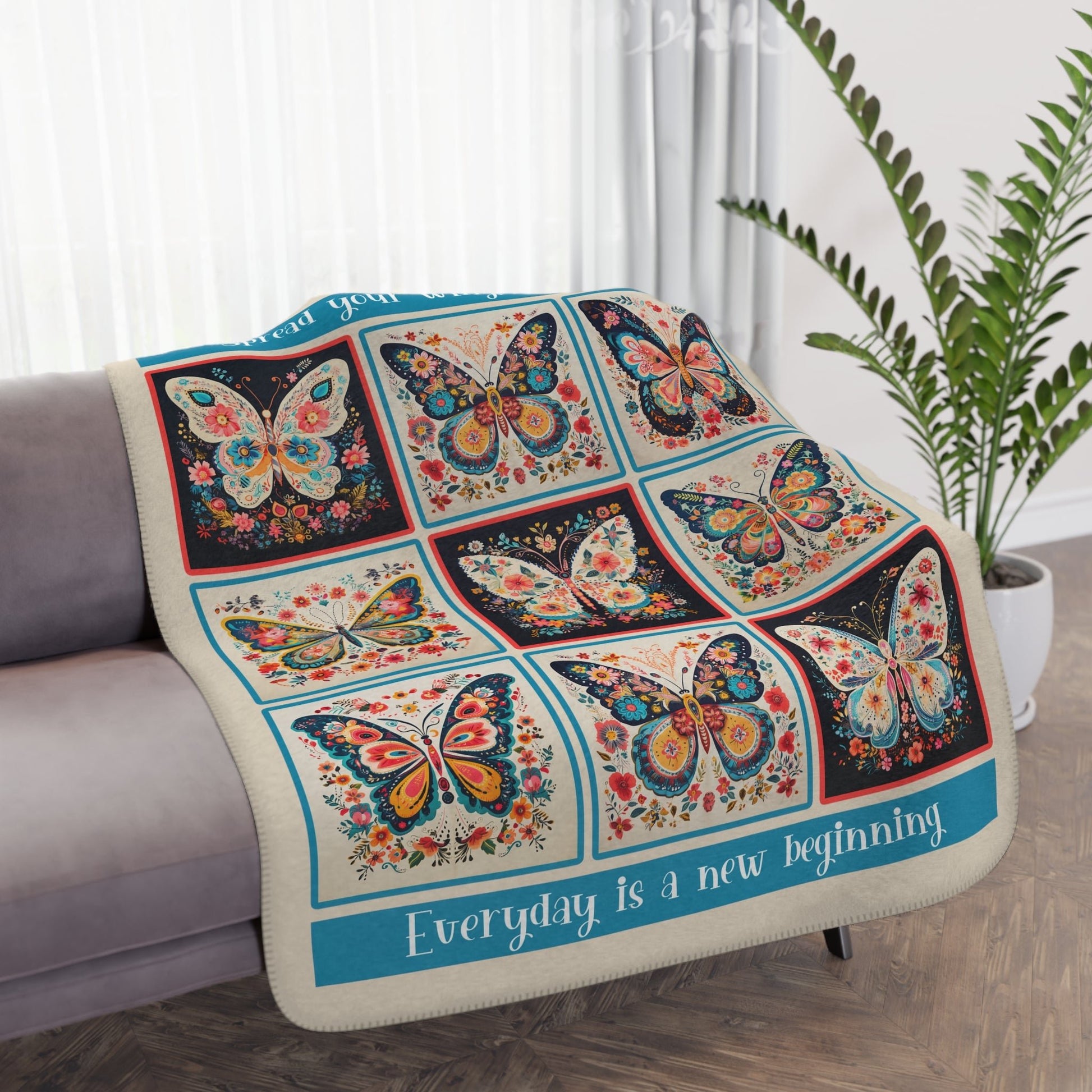 Scandia Folk Art Butterfly Blanket Throw, Joyful Boho Fleece Art with Soft Minky Top - FlooredByArt