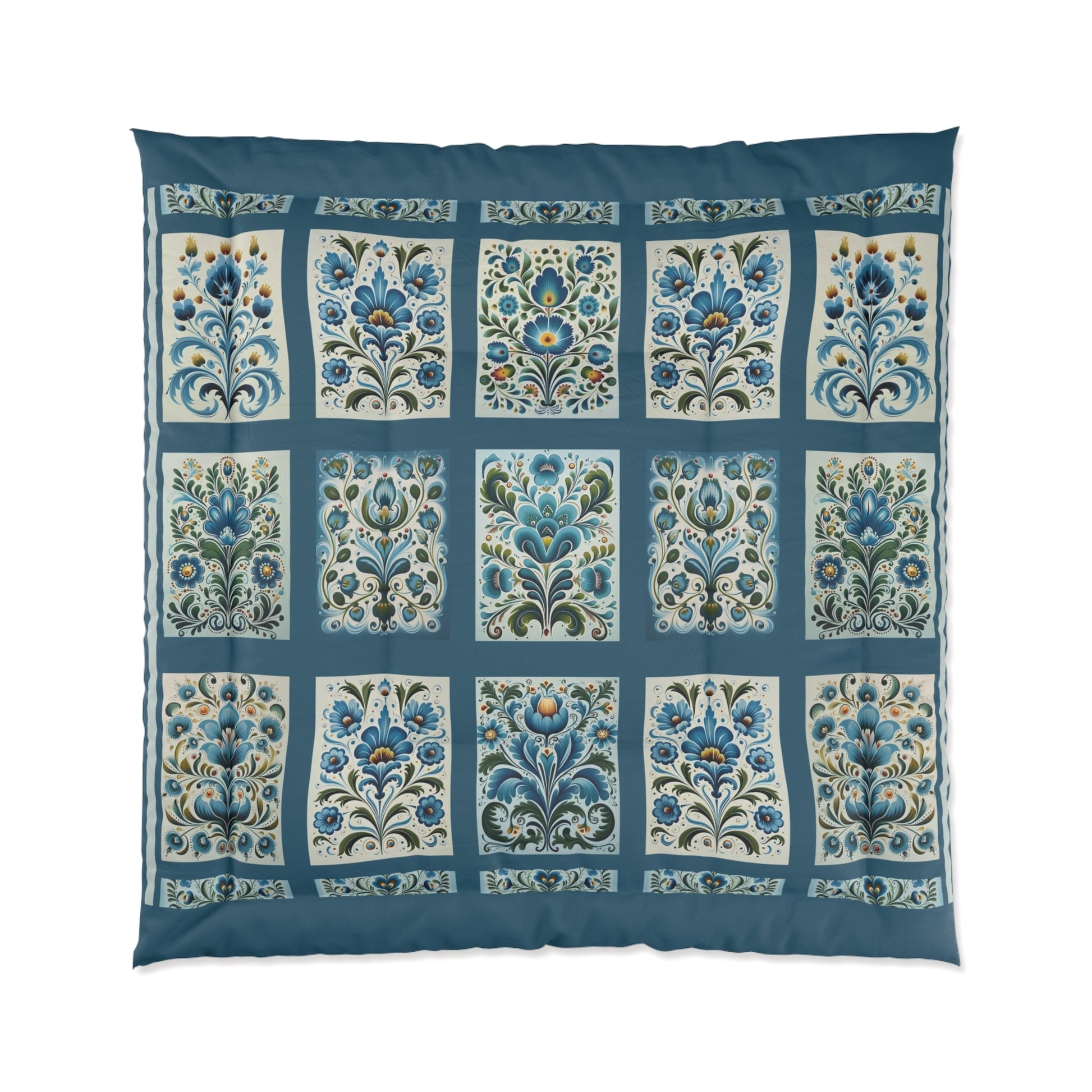 Scandinavian Blue Folk Art Design, 4 sizes Original Design Coverlet - FlooredByArt