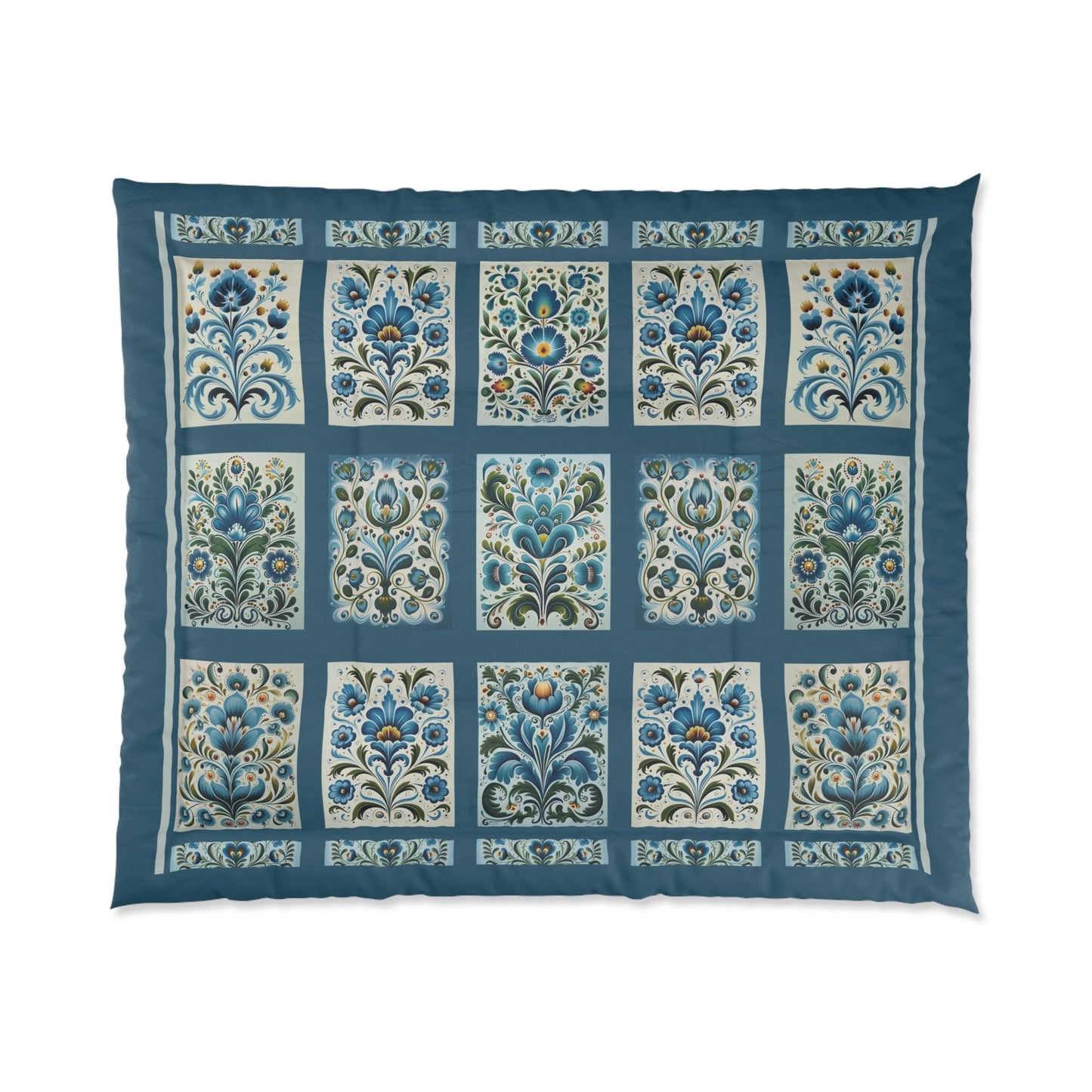 Scandinavian Blue Folk Art Design, 4 sizes Original Design Coverlet - FlooredByArt