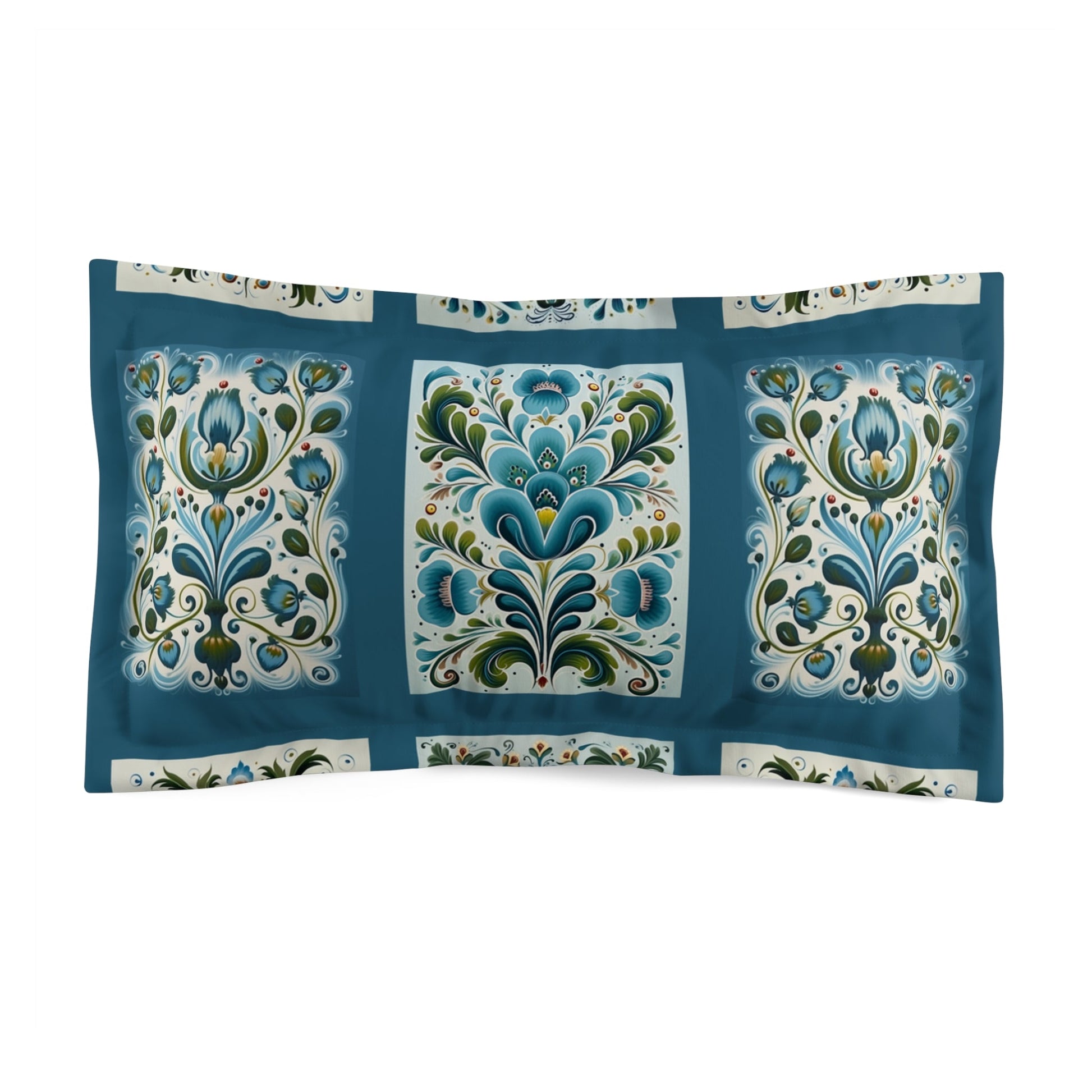 Scandinavian Style Microfiber Pillow Sham, Blue Folk Art Design, Boho Bedroom Decor - FlooredByArt