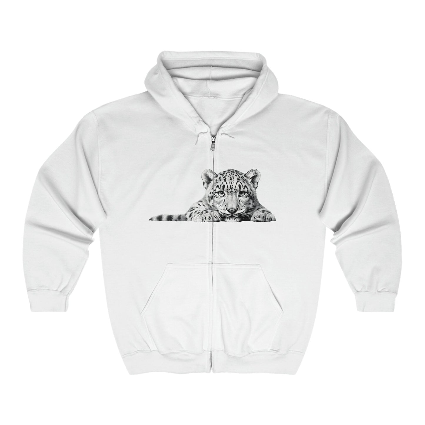 Snow Leopard Full Zip Hoodie or Sweatshirt, Jacket with Spotted Leopard, Wild Life Shirt - FlooredByArt
