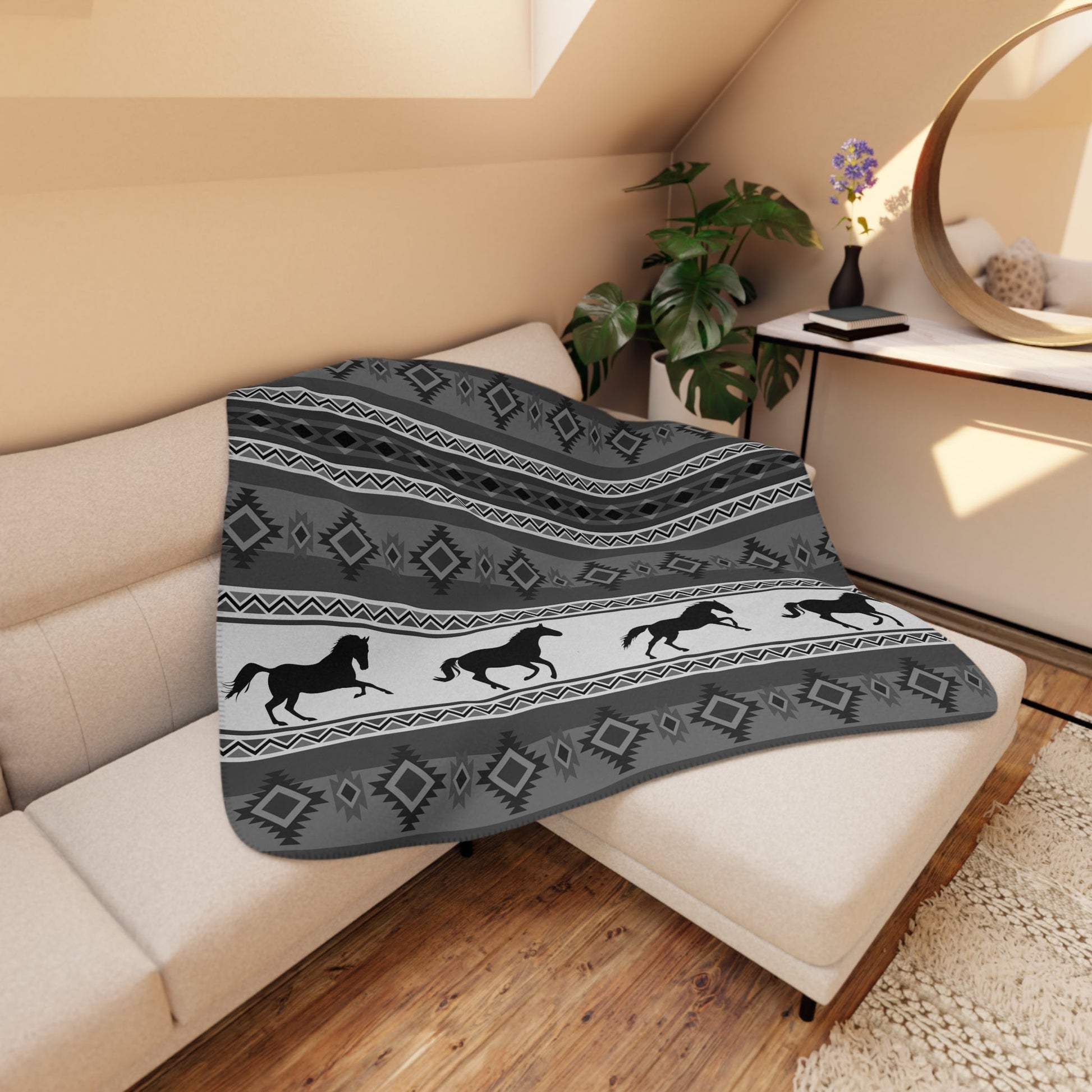 Southwest Native American Pattern Sherpa Blanket - Black and White Navaho Inspired Tribal Design - FlooredByArt