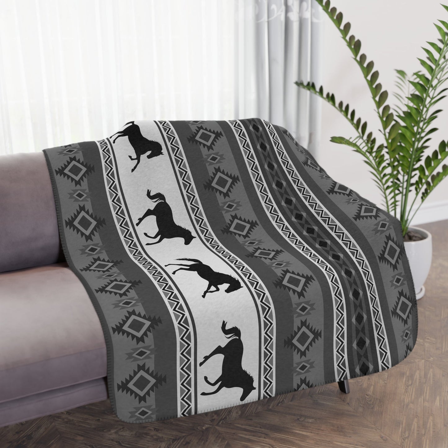 Southwest Native American Pattern Sherpa Blanket - Black and White Navaho Inspired Tribal Design - FlooredByArt