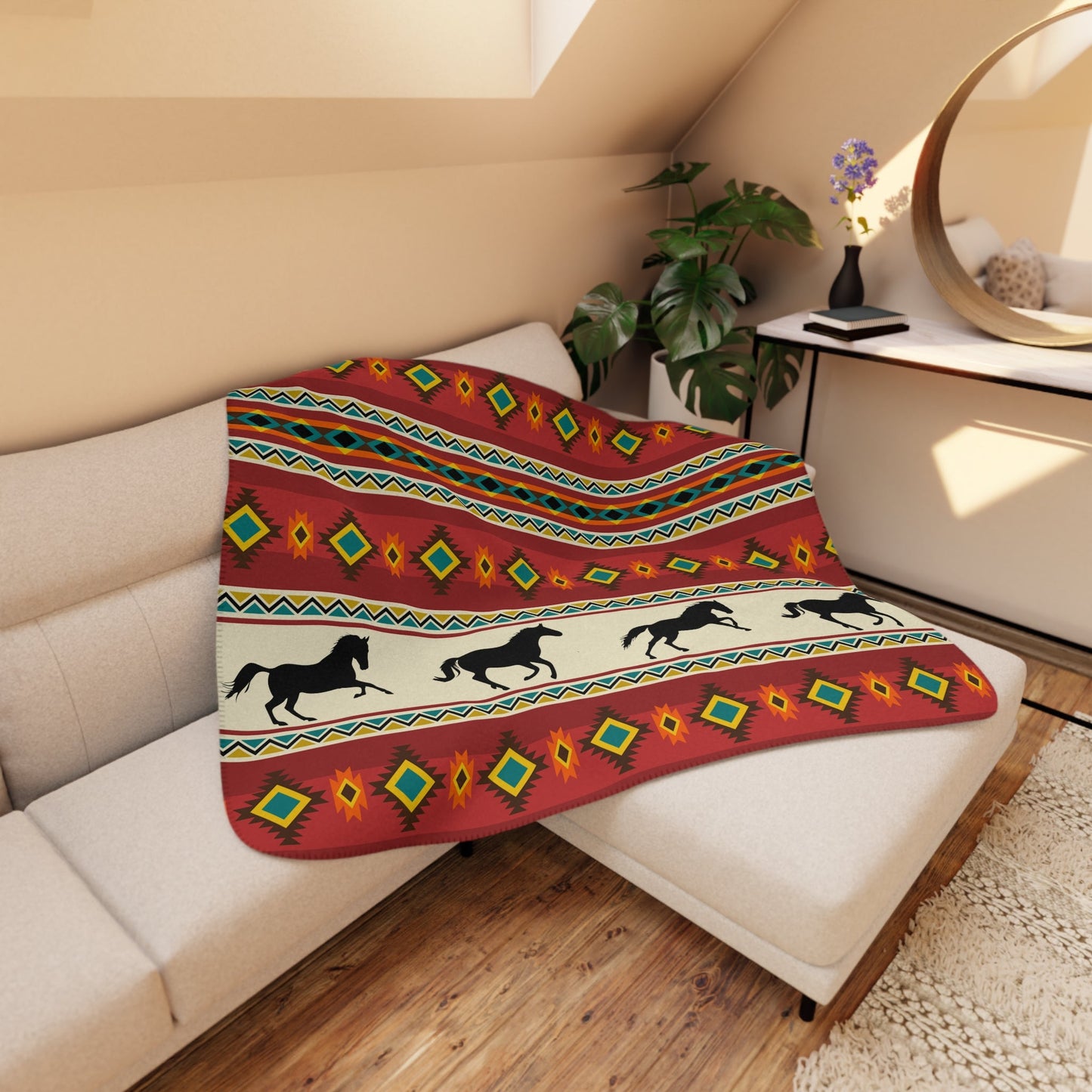 Southwest Native American Pattern Sherpa Blanket - Navaho Inspired Tribal Design - FlooredByArt