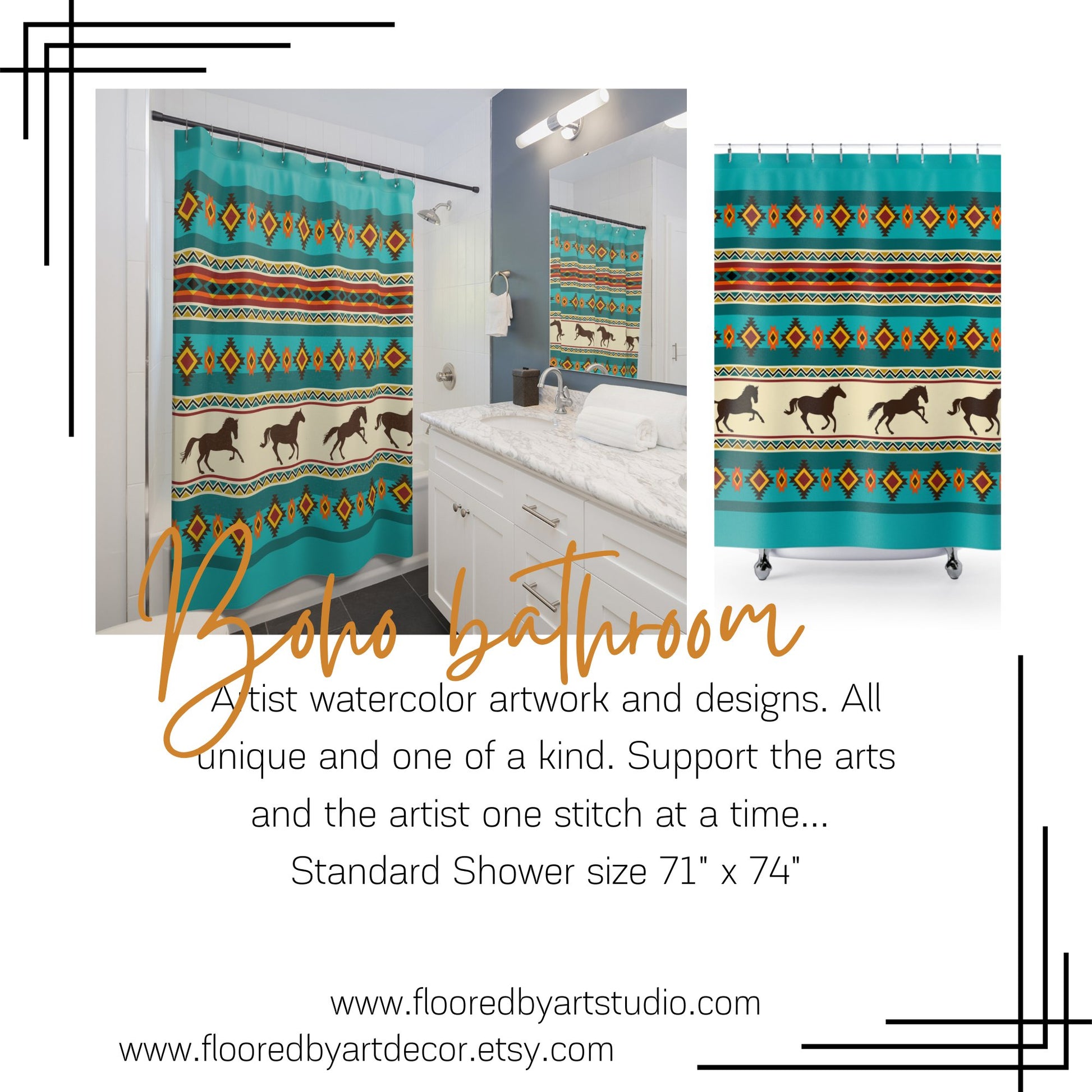 Southwestern Navajo Theme Shower Curtain, Western Horse Bathroom Decor - FlooredByArt