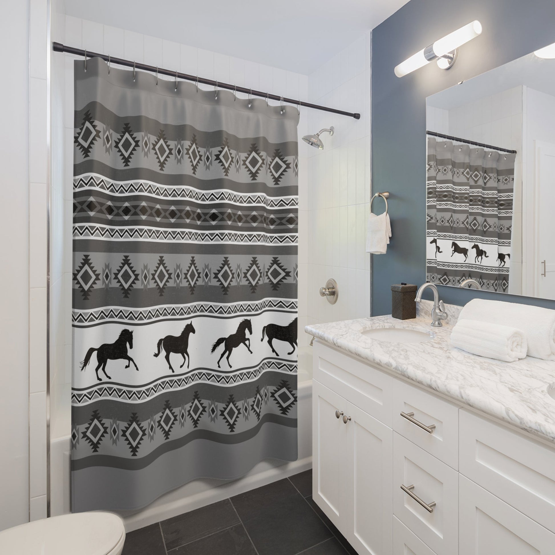 Southwestern Navajo Theme Shower Curtain, Western Horse Bathroom Decor - FlooredByArt