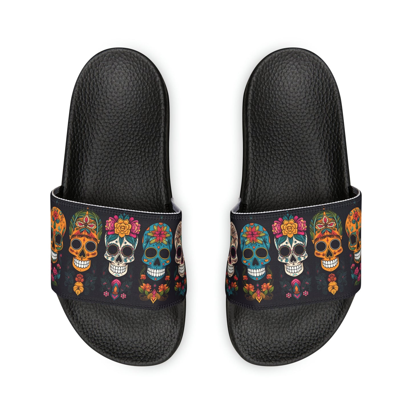 Sugar Skull Slip On Sandals, Slide Sandal with Day of the Dead sculls - FlooredByArt