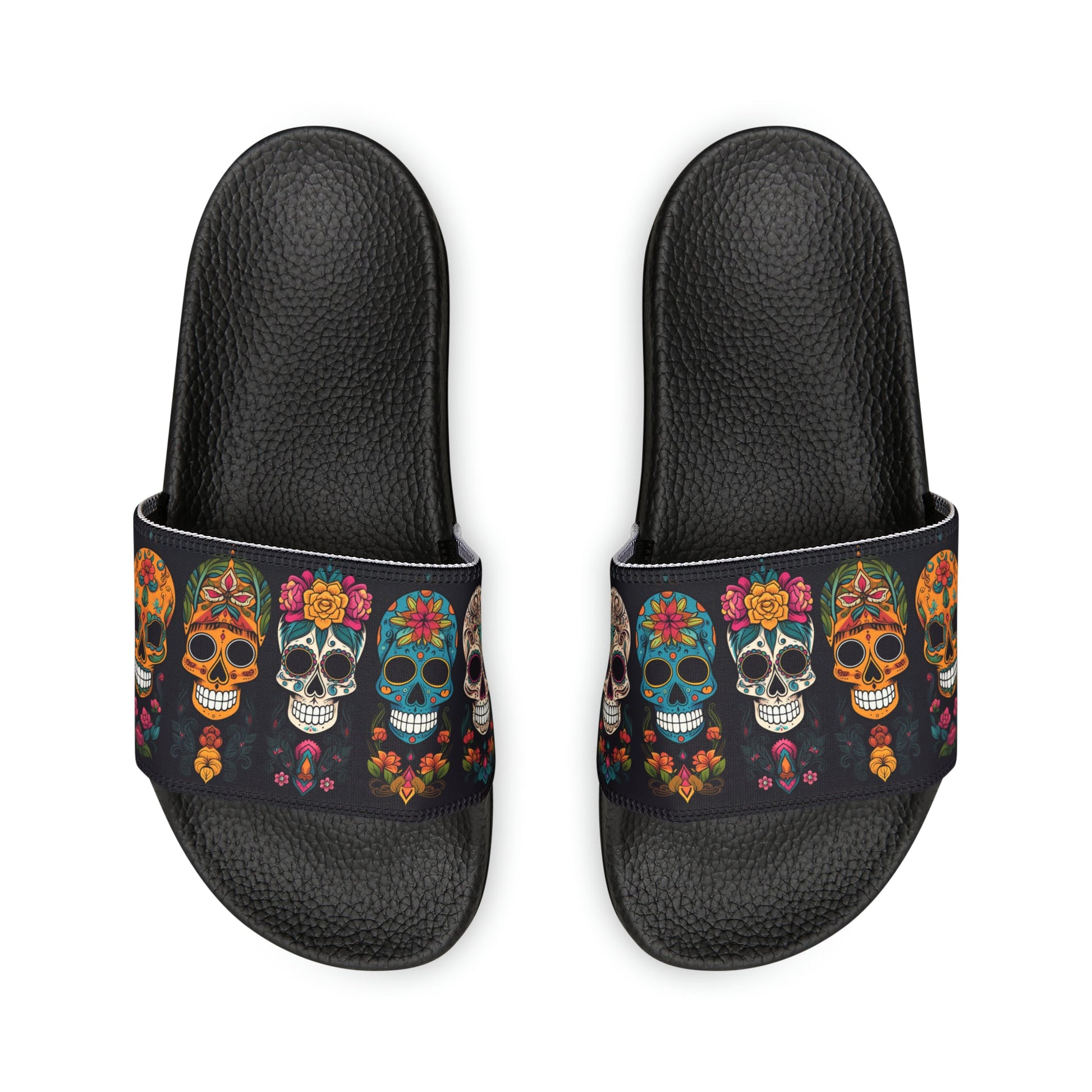 Sugar Skull Slip On Sandals, Slide Sandal with Day of the Dead sculls - FlooredByArt