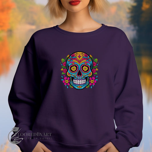 Sugar Skull Sweatshirt, Bright Colorful Party Sweatshirt, Aqua SugarSkull Shirt - FlooredByArt