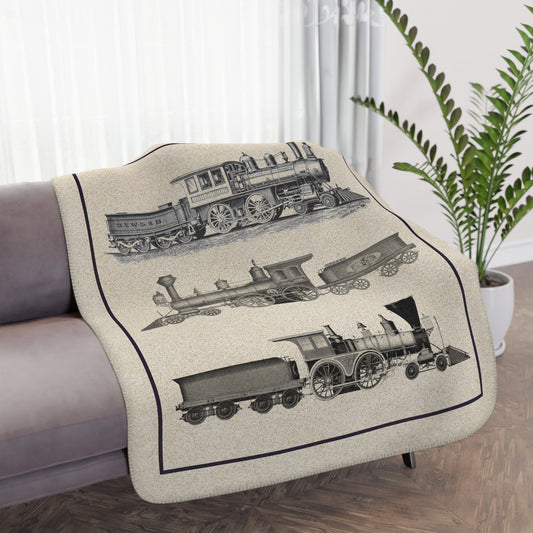 Three Vintage Train Engines Throw Blanket, Old Locomotives, Mens Man Cave Throw - FlooredByArt