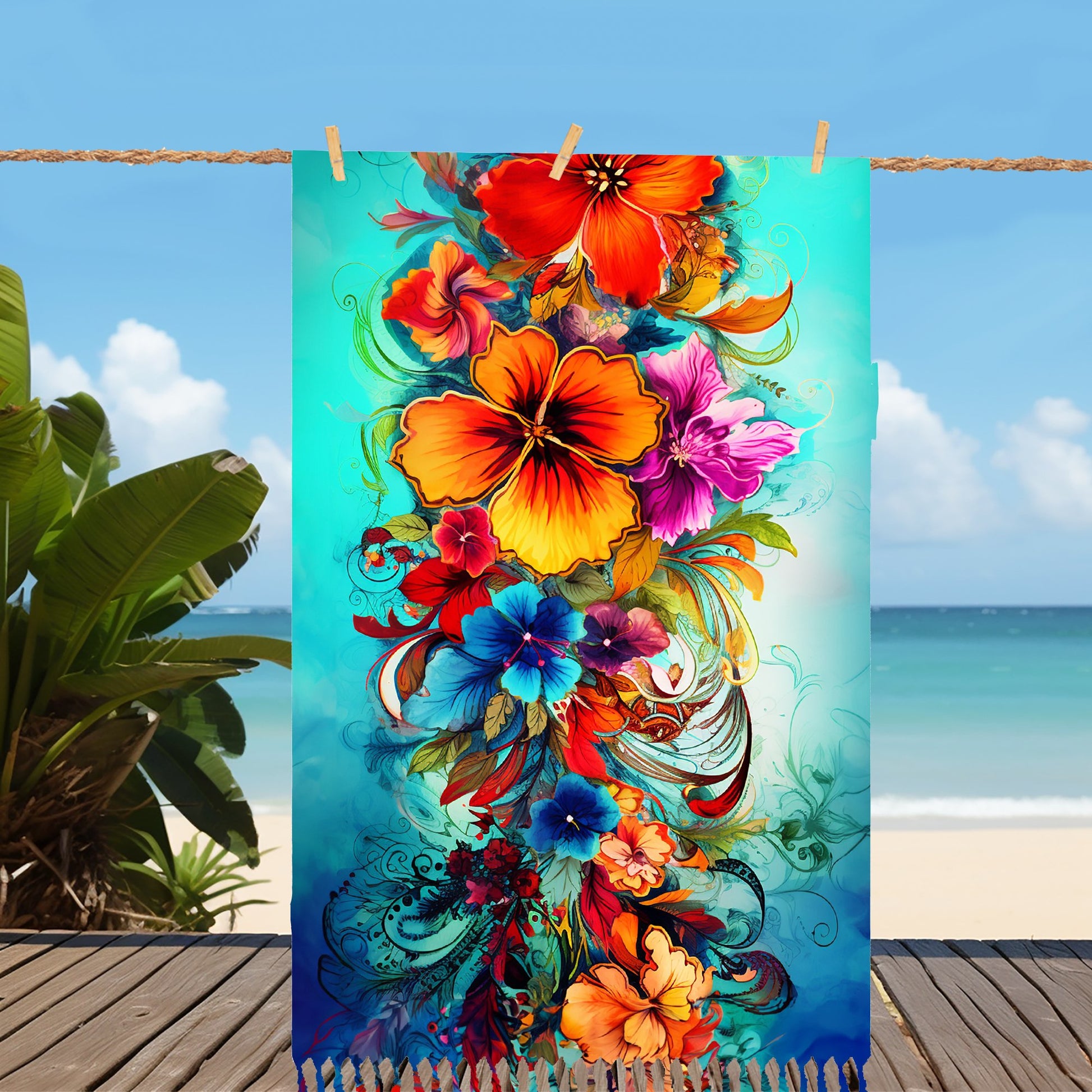 Tropical Bohemian Art Beach Cloth Shawl: Multi-Use Towel, Blanket, Shawl, Cover-up. - FlooredByArt