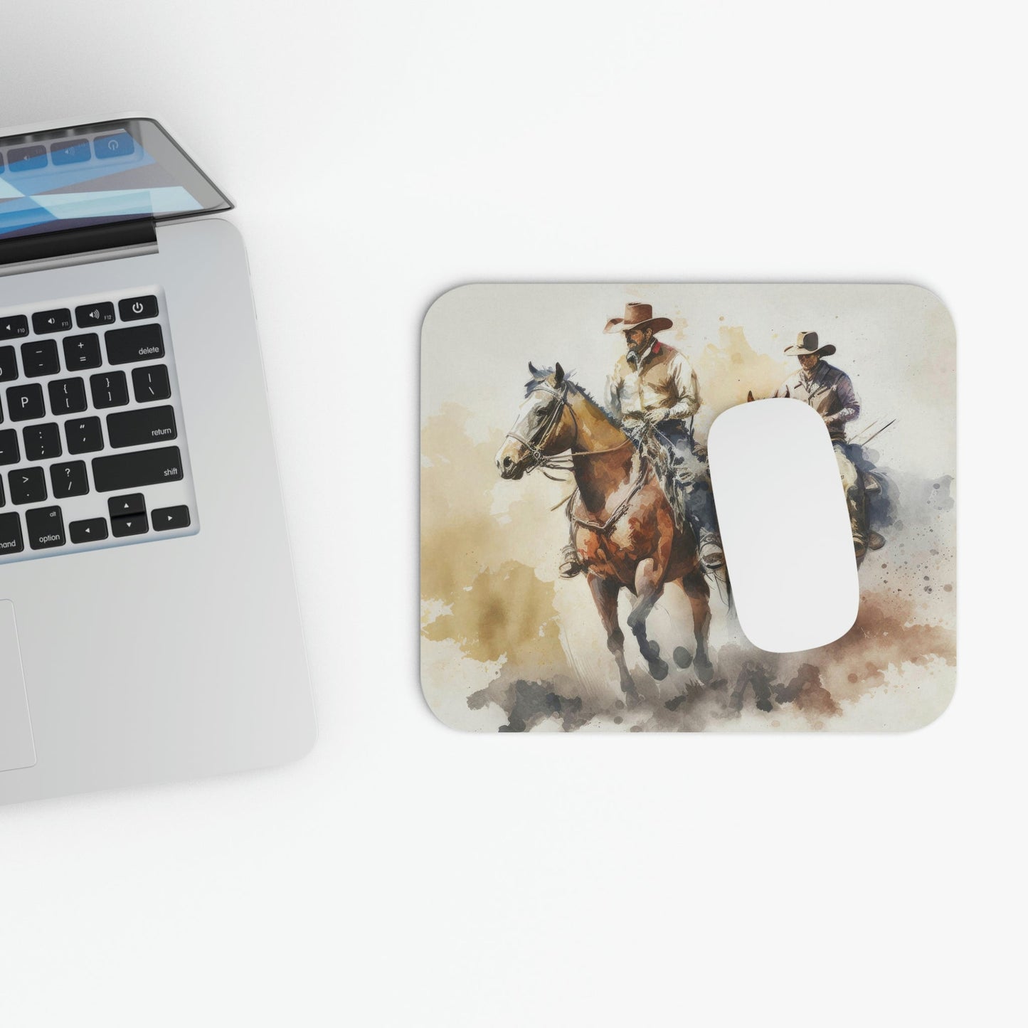 Two Watercolor Cowboys Riding Across a Mousepad - FlooredByArt