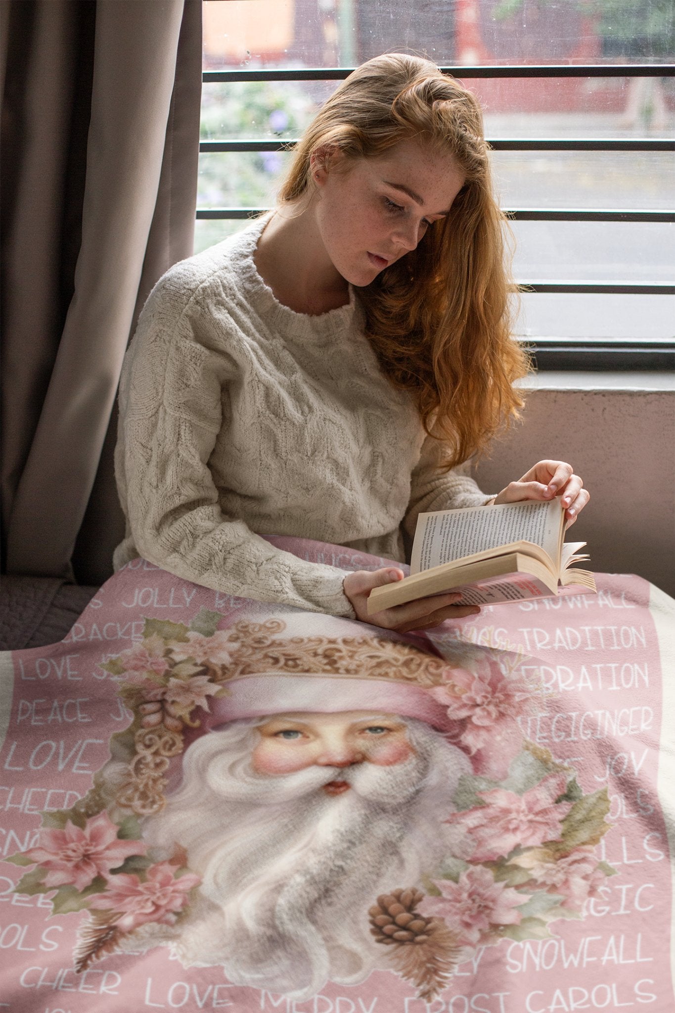 Victorian Pastel Pink Santa Christmas Blanket - A Timeless Keepsake, Perfect for Snuggling Down to Watch Christmas Movies, or a early Gift - FlooredByArt