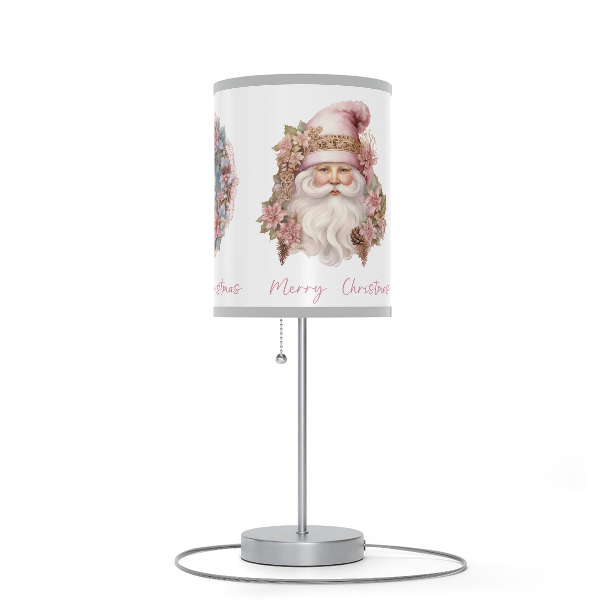 Victorian Pastel Pink Three Santa Christmas Lamp - Holiday Decoration, A Timeless Keepsake, Christmas Accent Home, Desk Bedside Table, Gift - FlooredByArt