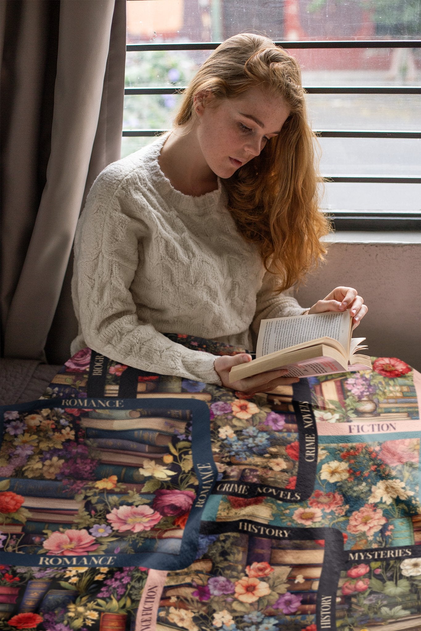 Vintage Books and Flowers Throw Blanket, Unique Literary Art Mosaic - FlooredByArt
