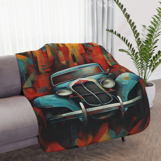 Vintage Car Sherpa Blanket Throw, Abstract Colorful Fleece Cover, Retro Boho Decor - FlooredByArt