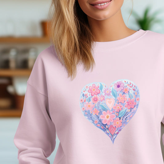 Vintage Flower and Heart Sweatshirt, Name on Sleeve, Watercolor Floral - FlooredByArt