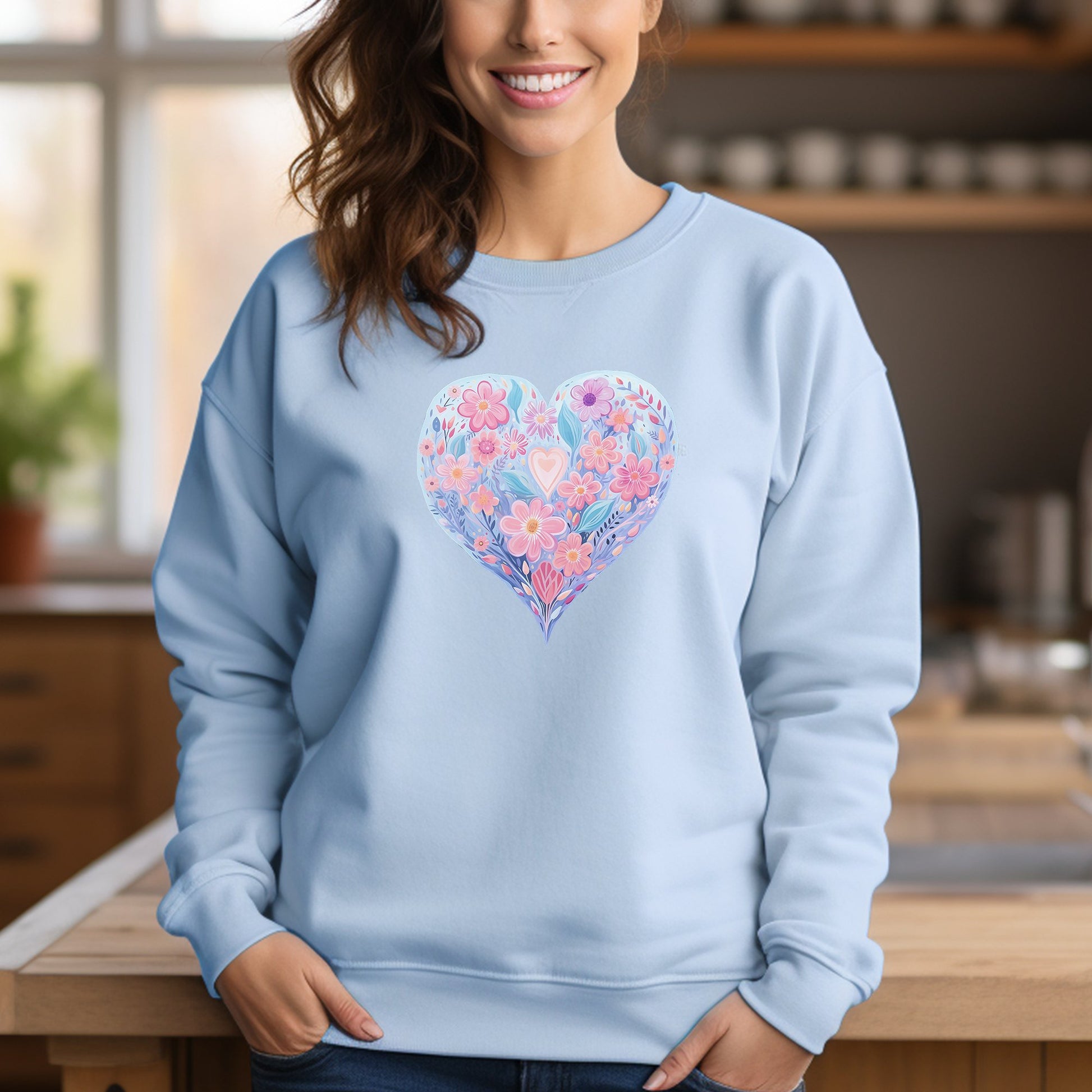 Vintage Flower and Heart Sweatshirt, Name on Sleeve, Watercolor Floral - FlooredByArt