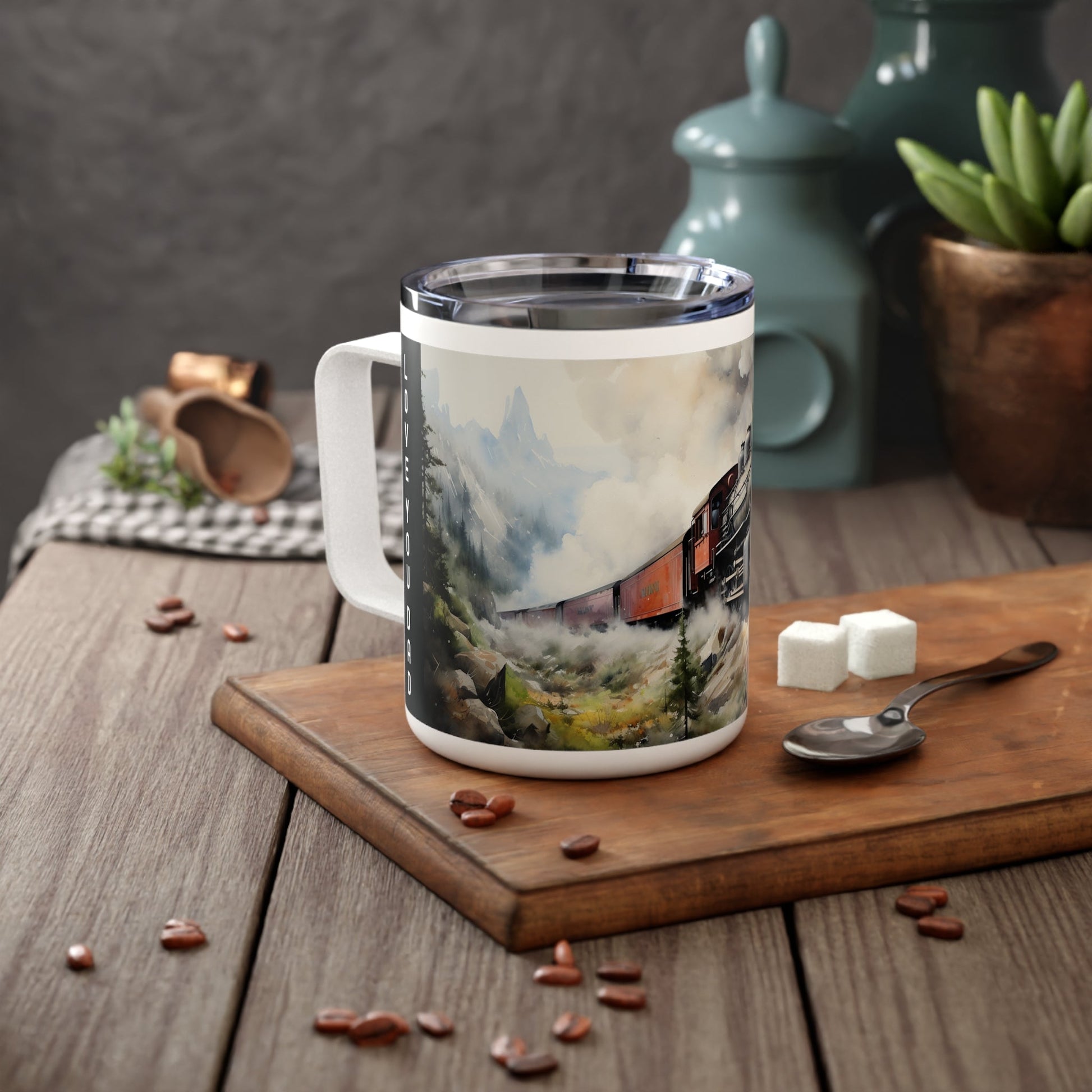 Vintage Steam Engine Custom Insulated Coffee Mug, 10oz - Train Lover Gift - FlooredByArt