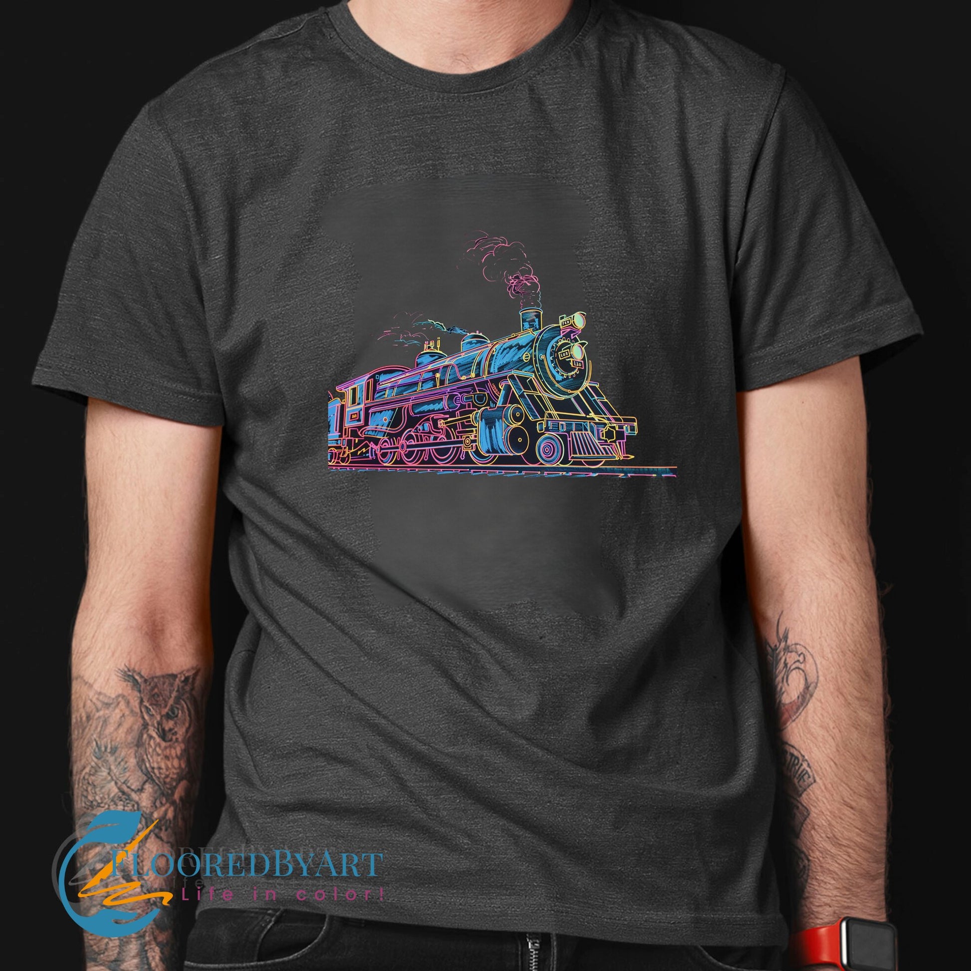 Vintage Steam Engine T-shirt, Unique Neon Line Drawing of Steam Engine Tee - FlooredByArt