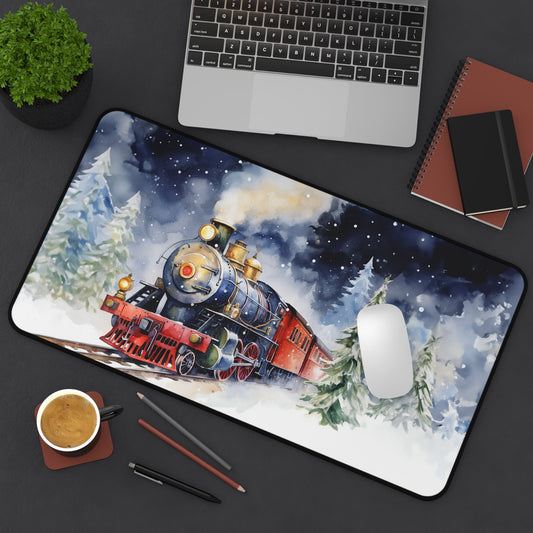 Vintage Steam Engine Winter Train Large Mouse Pad, Train Lover Gift - FlooredByArt