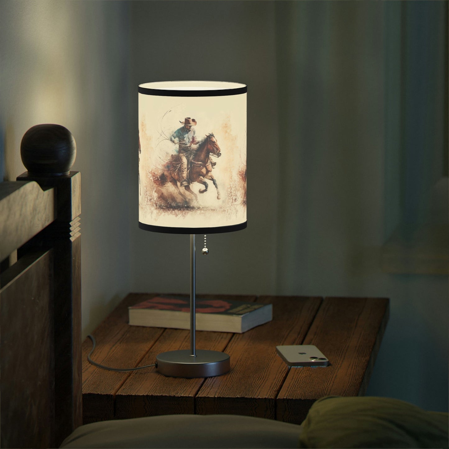 Vintage Watercolor Galloping Cowboy Lamp, Wild West Art, Boys Room - FlooredByArt
