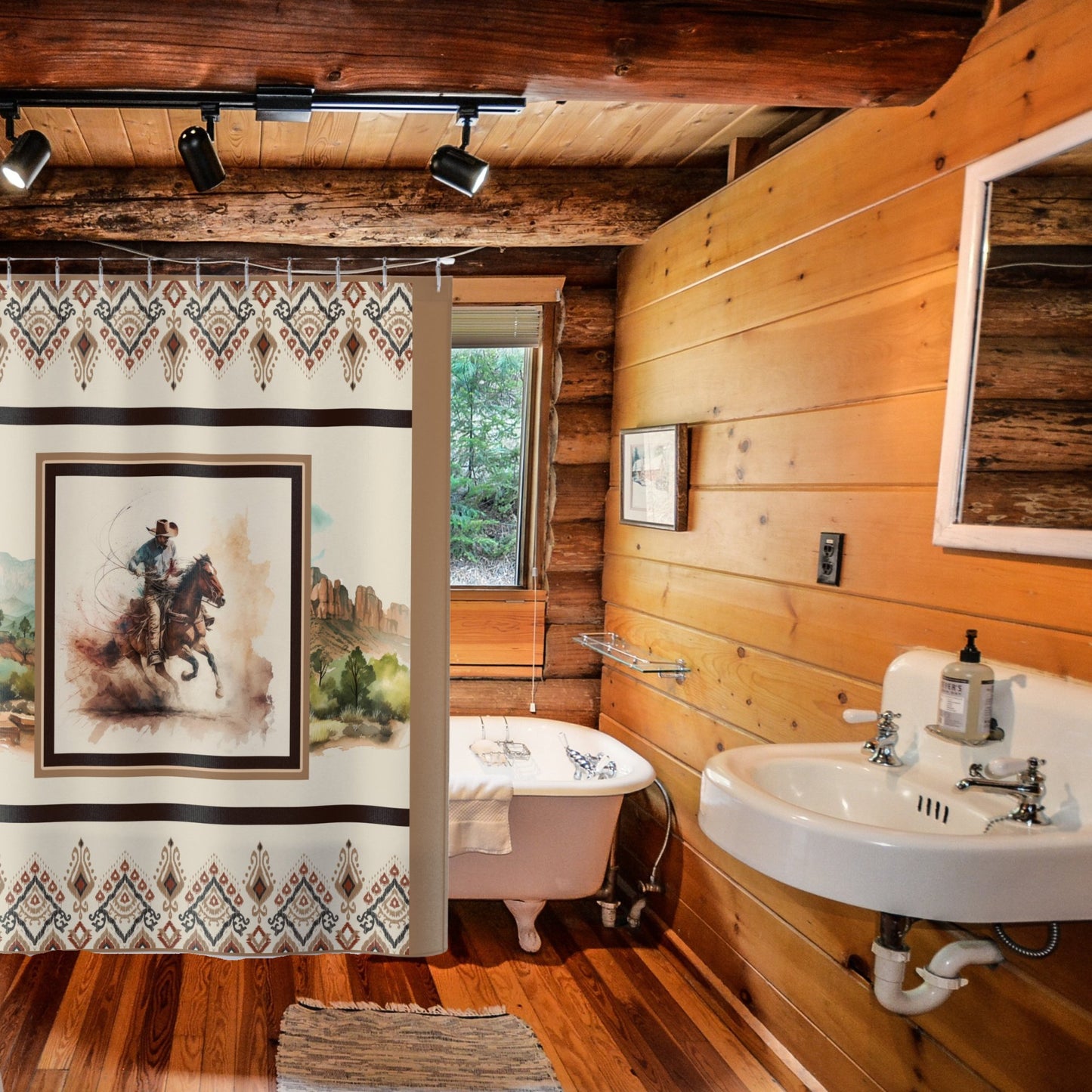 Western Cowboy Shower Curtain, Wild West Cowboy Horse Bathroom Decor, Rustic - FlooredByArt