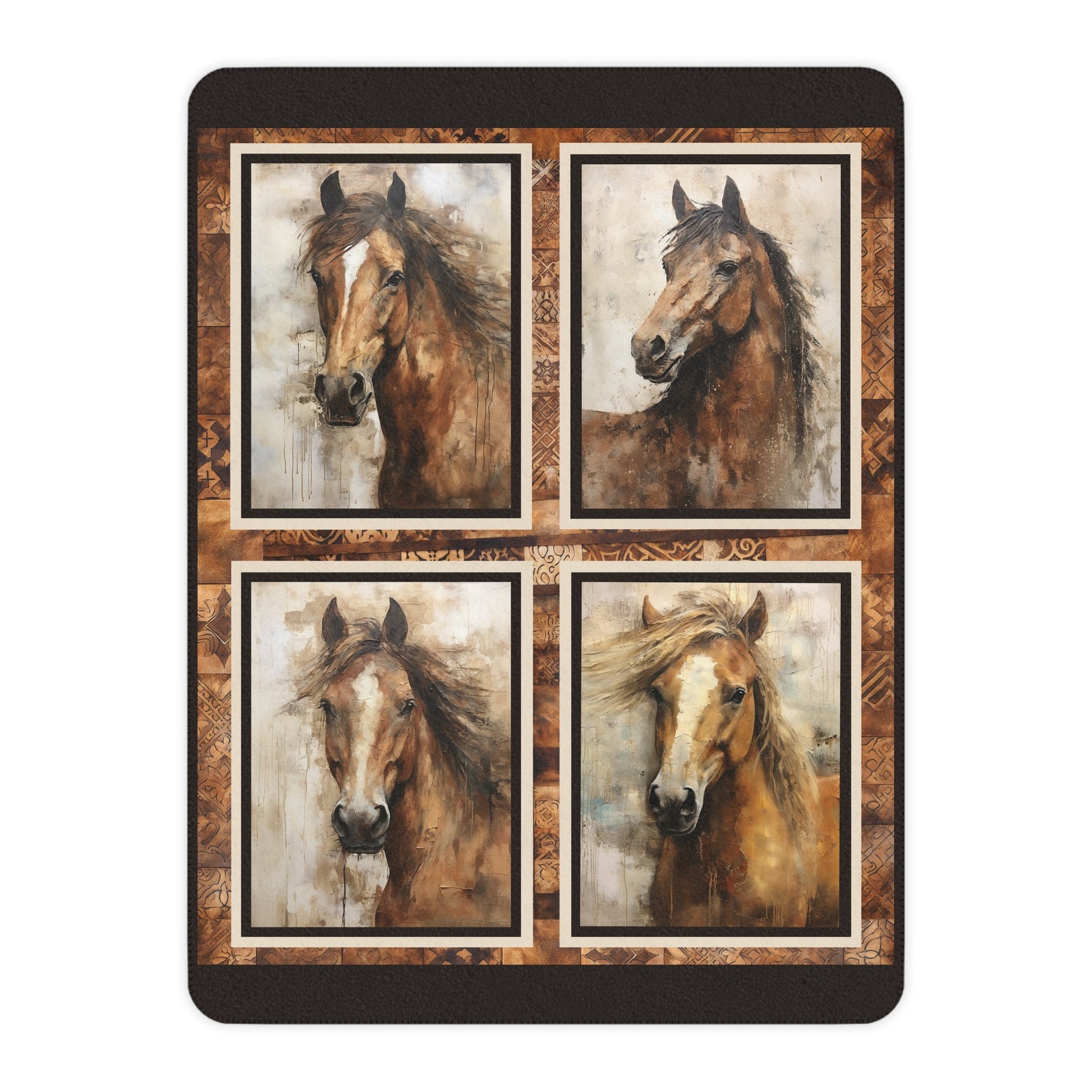 Western Mustang Horse Sherpa Blanket, Southwest Colors Watercolor Style American Pattern Horse Spread, Western Decor Cowboy Gift, Boys Room - FlooredByArt
