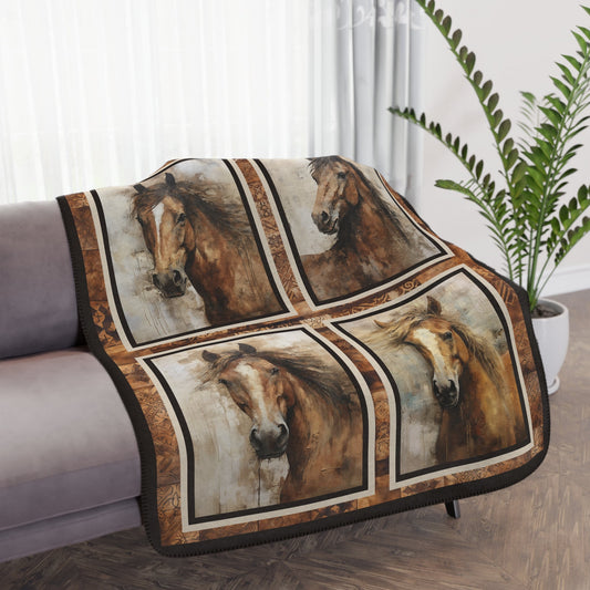 Western Mustang Horse Sherpa Blanket, Southwest Colors Watercolor Style American Pattern Horse Spread, Western Decor Cowboy Gift, Boys Room - FlooredByArt