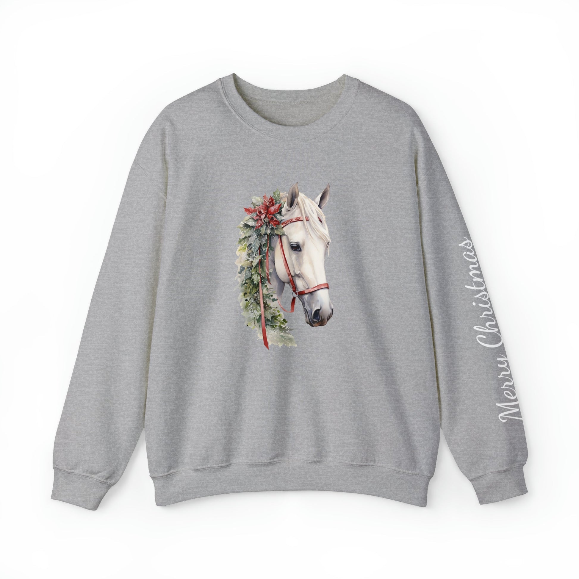 White Horse Christmas Sweatshirt for Horse Lovers - FlooredByArt
