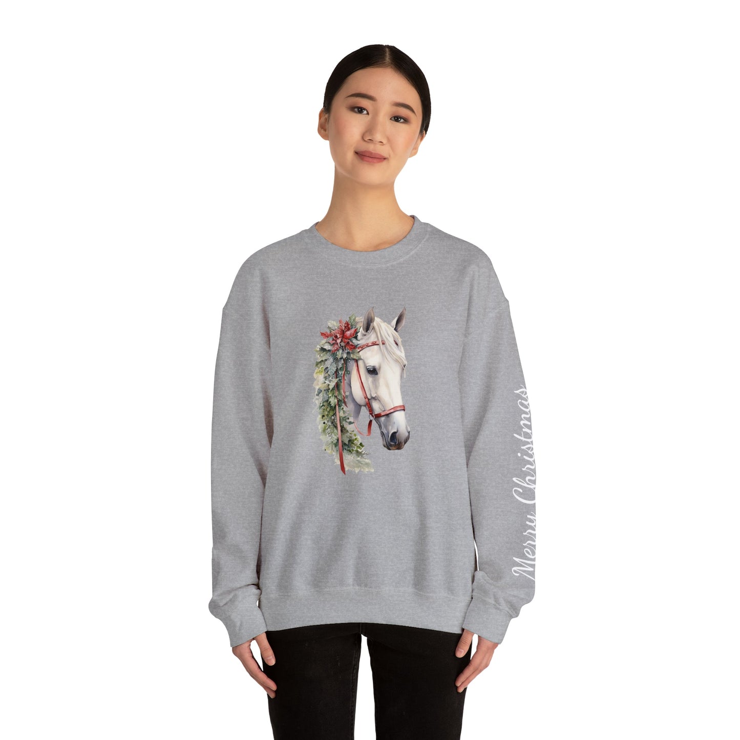 White Horse Christmas Sweatshirt for Horse Lovers - FlooredByArt