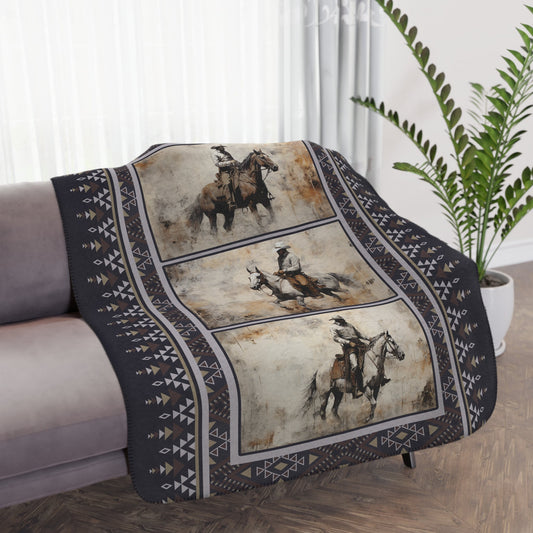 Wild West Cowboys Blanket, Western Horse Sherpa Throw, Navy Blue Aztec Pattern - FlooredByArt