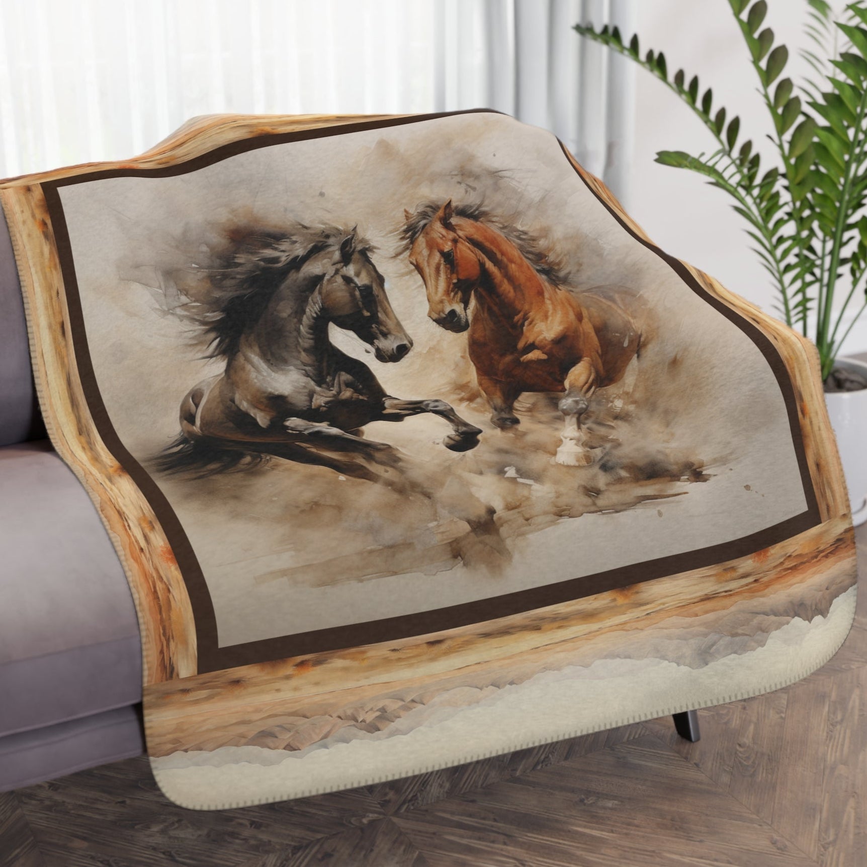 Wild West Stallions Horse Sherpa Throw Blanket, American Desert Horse, Cowboy Decor - FlooredByArt