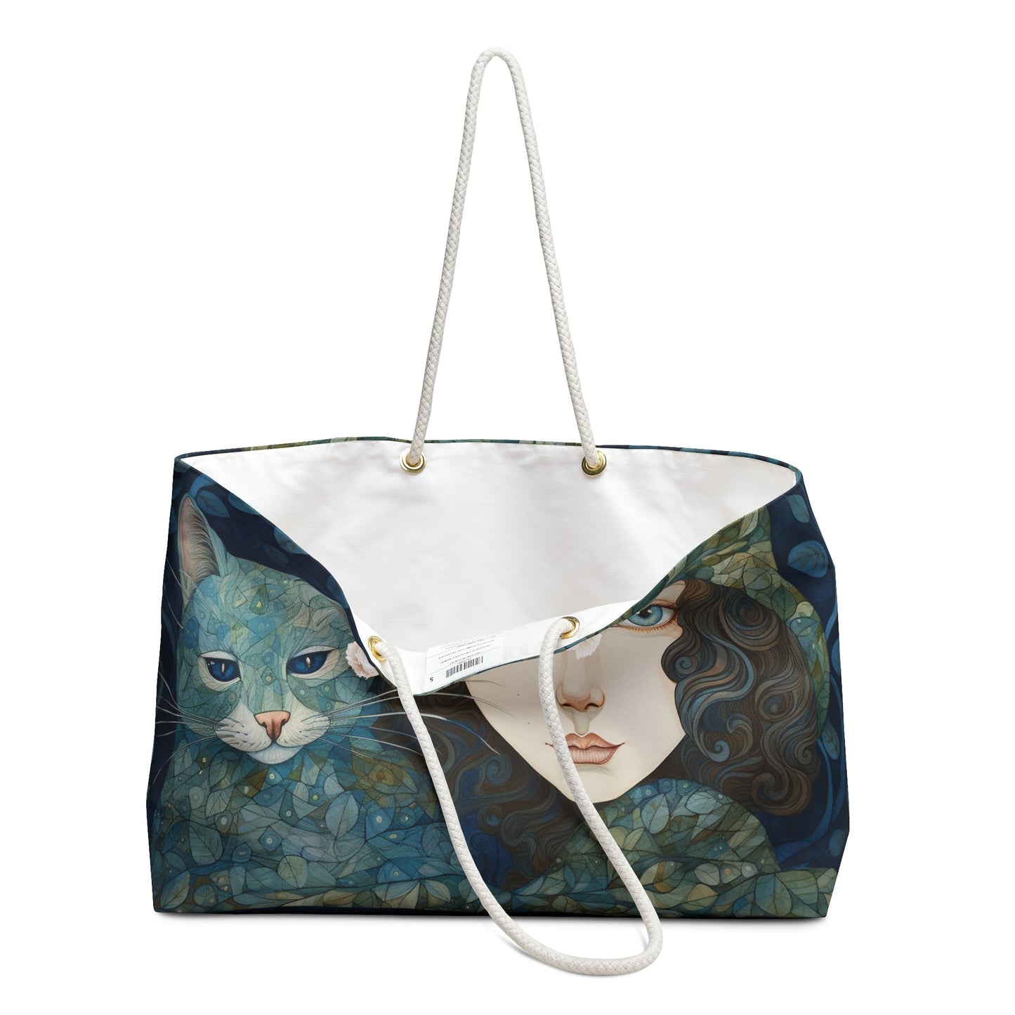 Womens Cat Weekender Tote, Lovely Cool Blues and Greens with a Blue Cat, Stylized Illustration - FlooredByArt