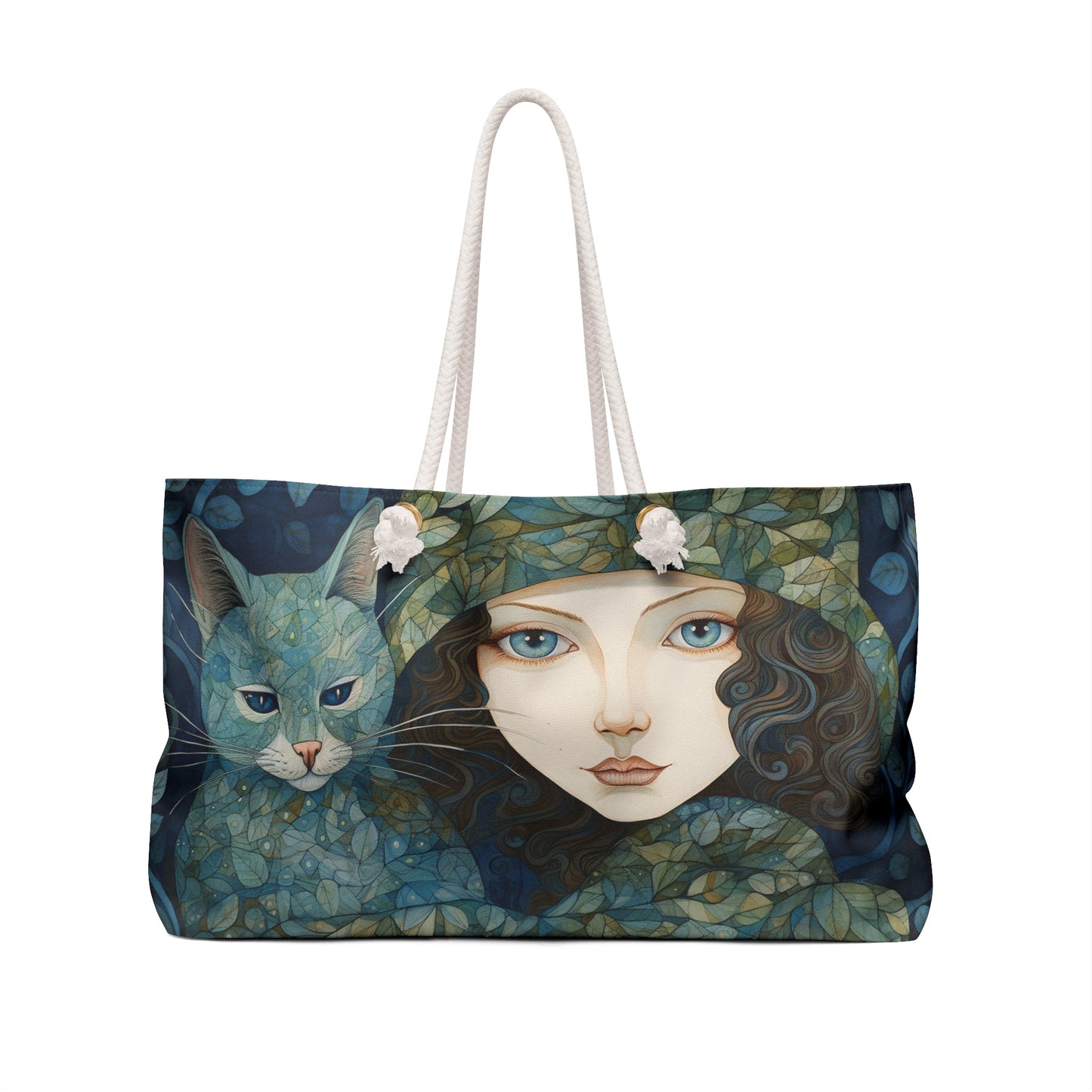 Womens Cat Weekender Tote, Lovely Cool Blues and Greens with a Blue Cat, Stylized Illustration - FlooredByArt