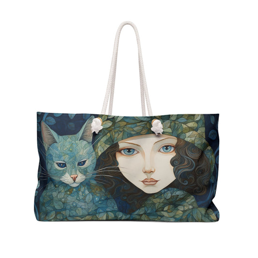 Womens Cat Weekender Tote, Lovely Cool Blues and Greens with a Blue Cat, Stylized Illustration - FlooredByArt