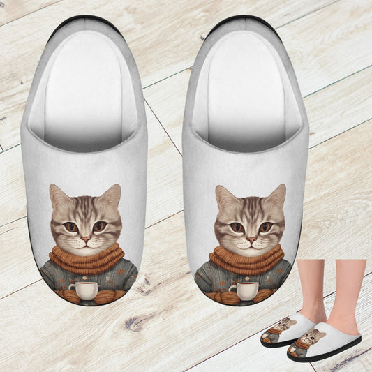 Womens Cute Cat Slippers, Whimsical Cat Shoes, Coffee or Tea Cat, Unique Cat Scuffs - FlooredByArt