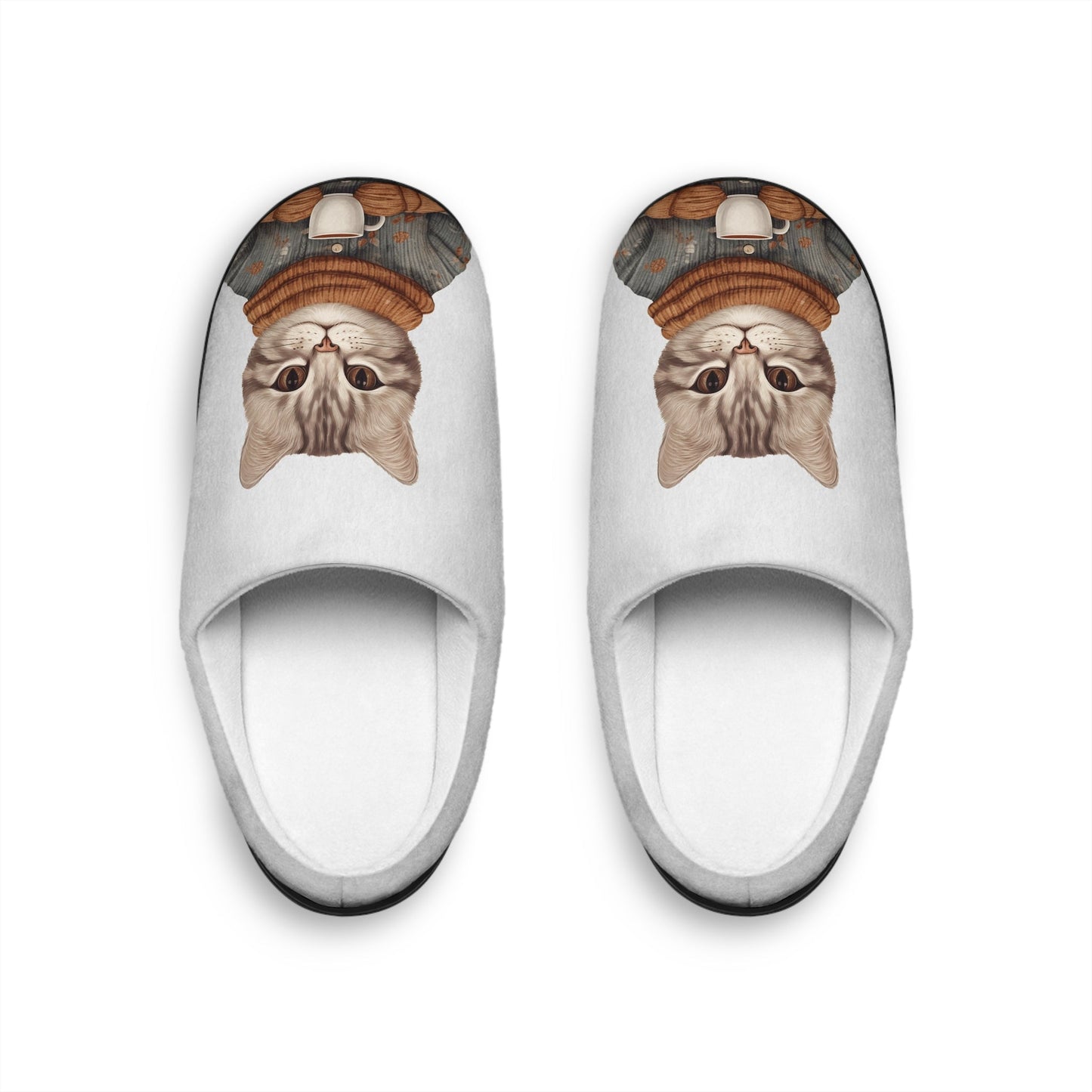 Womens Cute Cat Slippers, Whimsical Cat Shoes, Coffee or Tea Cat, Unique Cat Scuffs - FlooredByArt