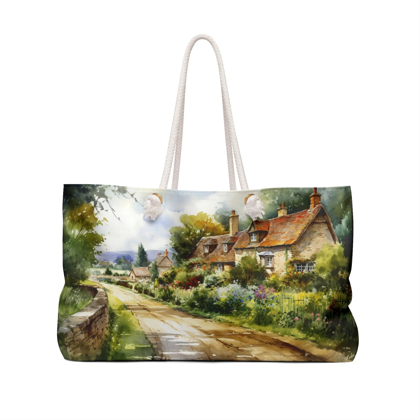 Womens Traveler Tote, Elegant Watercolor Cottages - "The Road Less Traveled", Personalize, Unique Art Work, Mom, Aunt, Grandmother Gift - FlooredByArt